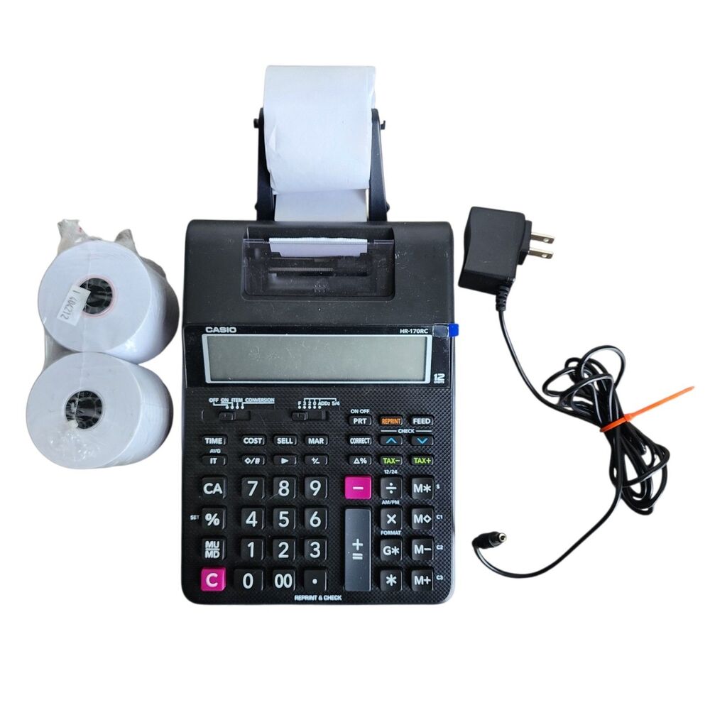 ​Casio HR-170RC Printing Calculator 12 Digit Black Desktop Roll AC Adapter